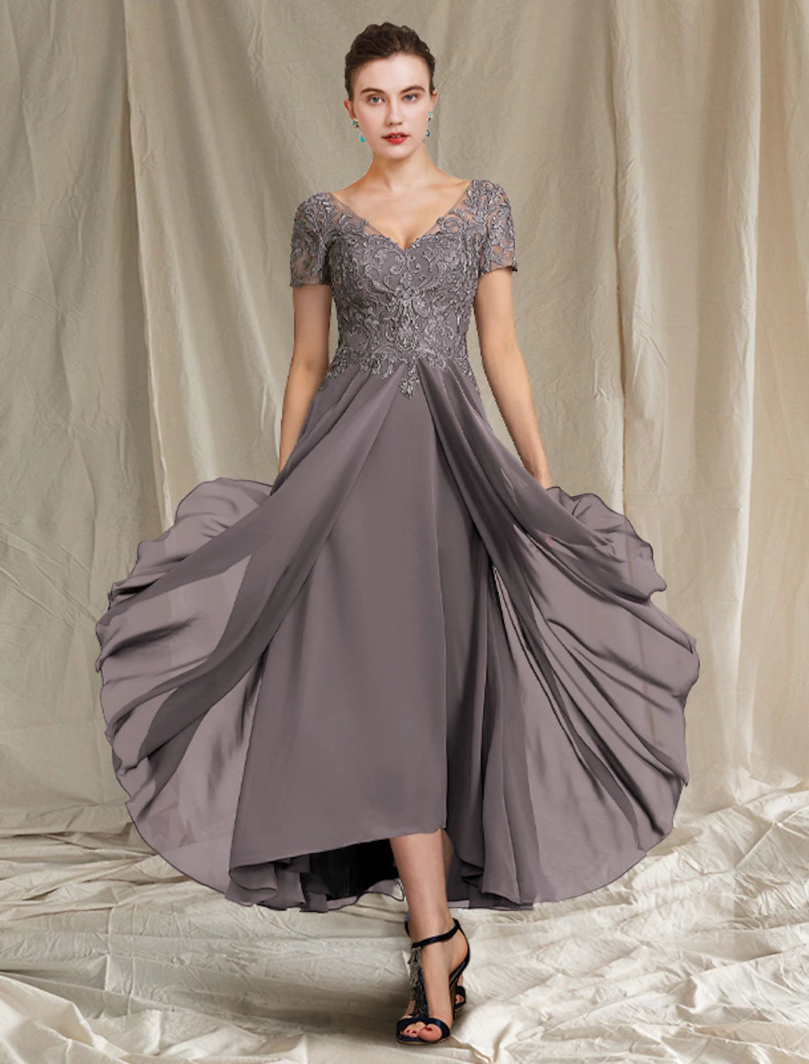 Elegant A-line V-neck short sleeve chiffon lace high-low tea length dress.