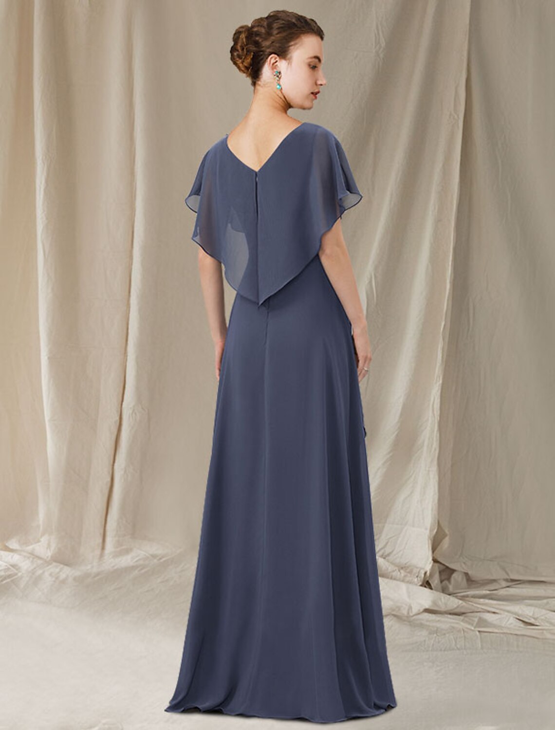 Side view of the elegant A-line V-neck short sleeve mother of the bride dress, highlighting the asymmetrical high-low hem.