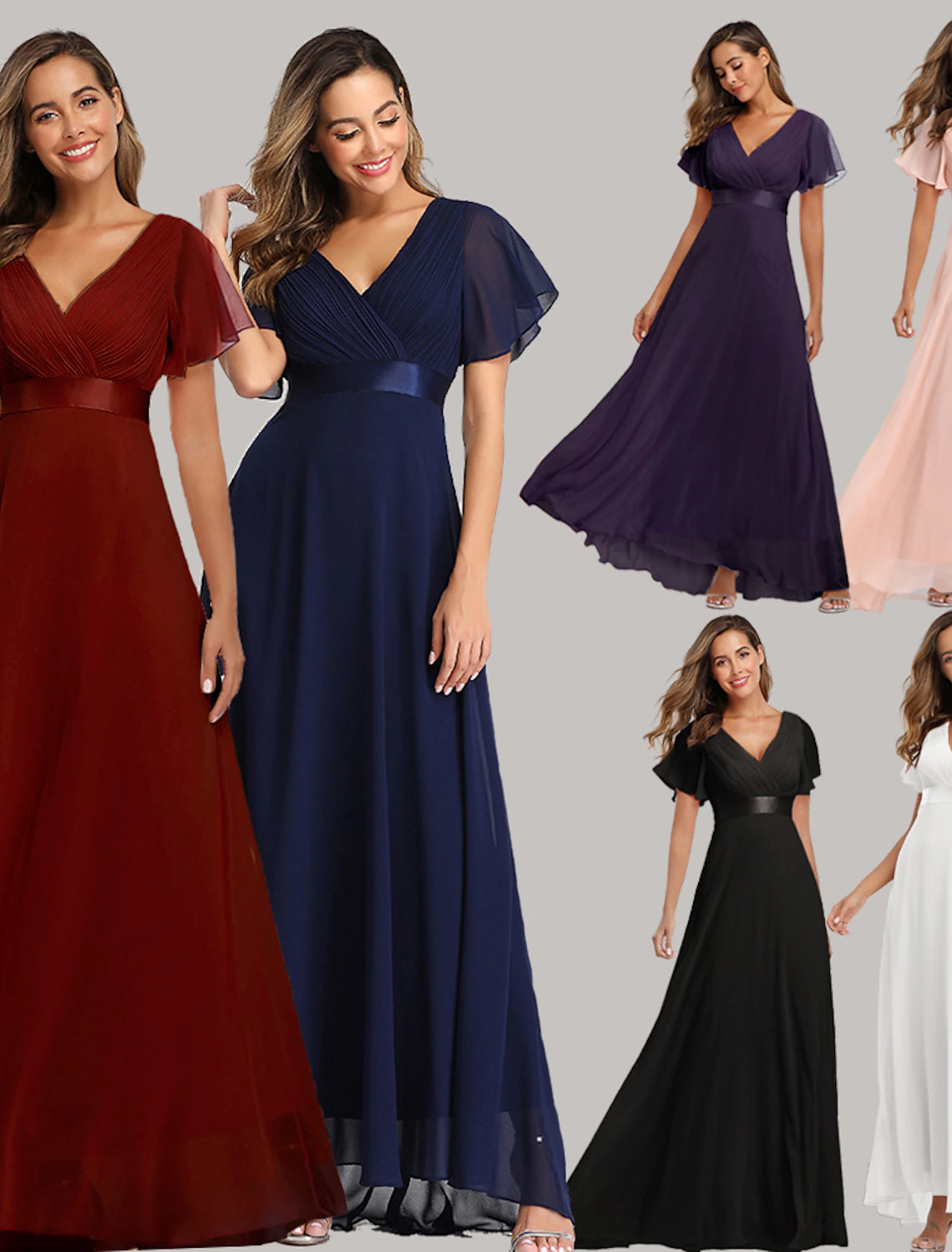 Side profile of a red A-line V-neck short sleeve bridesmaid dress with ruched details.