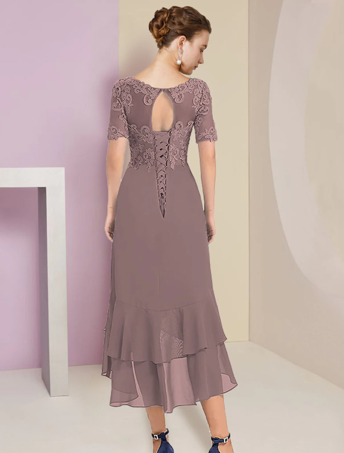 Full length view of the two-piece A-line dress, highlighting the high-low hem.