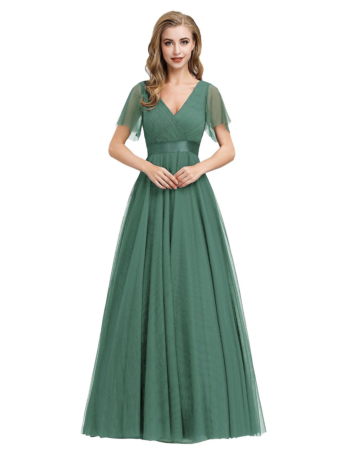 Model wearing a pink A-line chiffon bridesmaid dress with pleated skirt.