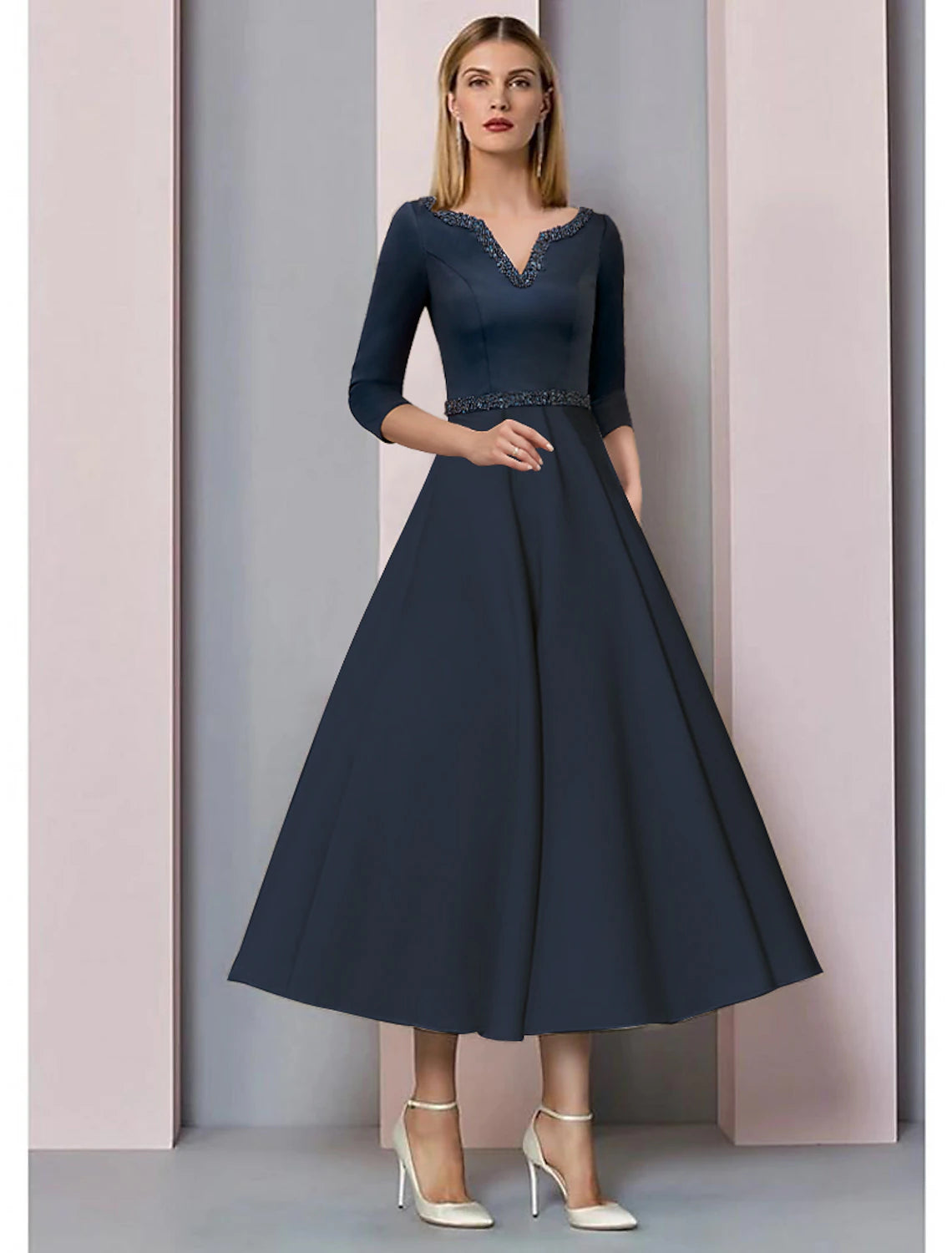 Weitese A-line V-neck tea length satin dress with short sleeves, pleats, and beading.