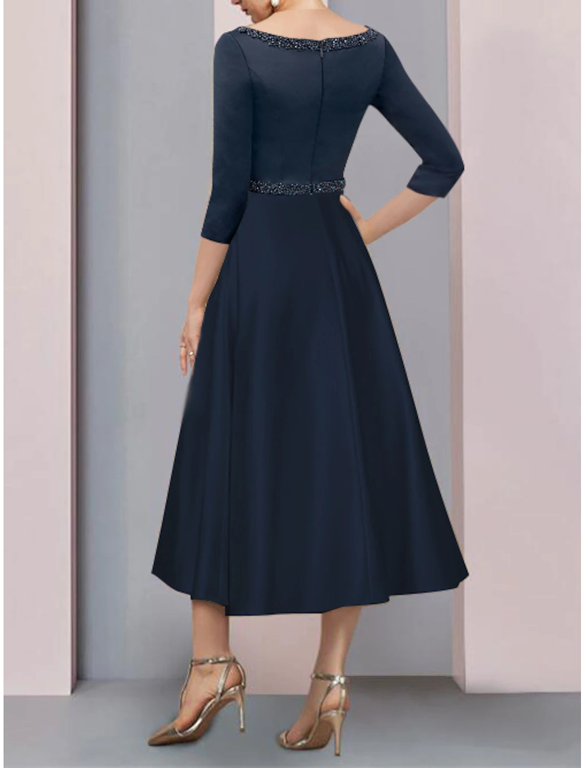 Weitese elegant A-line satin dress with V-neck, short sleeves, and intricate beading details.