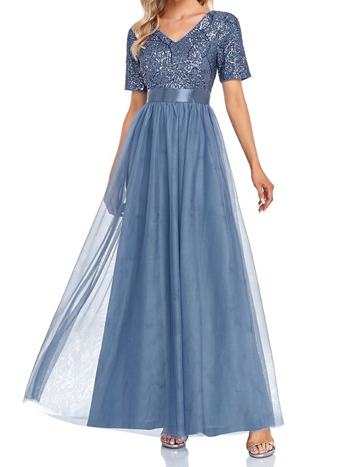 Back view of the elegant A-line V-neck short sleeve floor length evening gown.