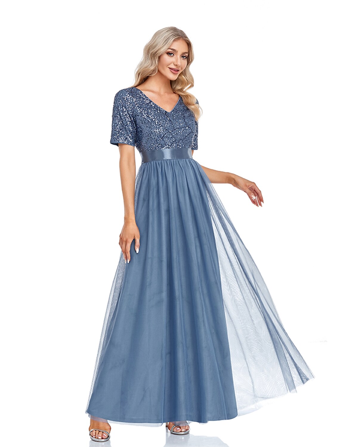 Side view of the Weitese A-line floor length dress, highlighting its graceful silhouette.
