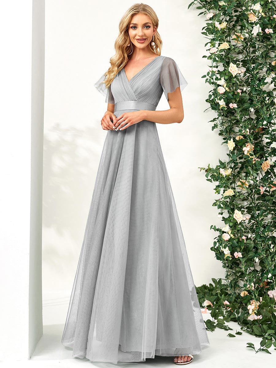 Elegant V-neck short sleeve tulle bridesmaid dress in grey.