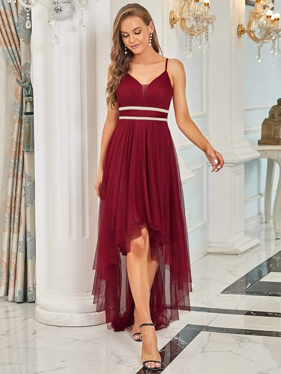 Weitese red V-neck high-low pleated tulle prom dress, front view.