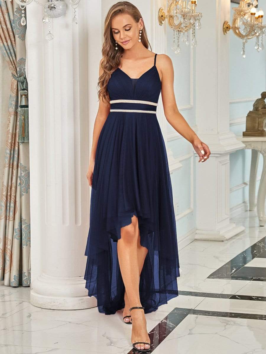 Weitese navy blue V-neck high-low pleated tulle prom dress.