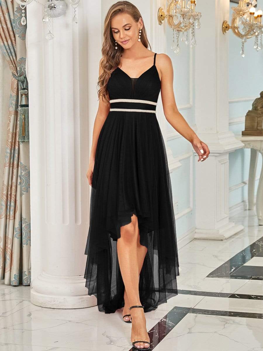 Weitese black V-neck high-low pleated tulle prom dress.