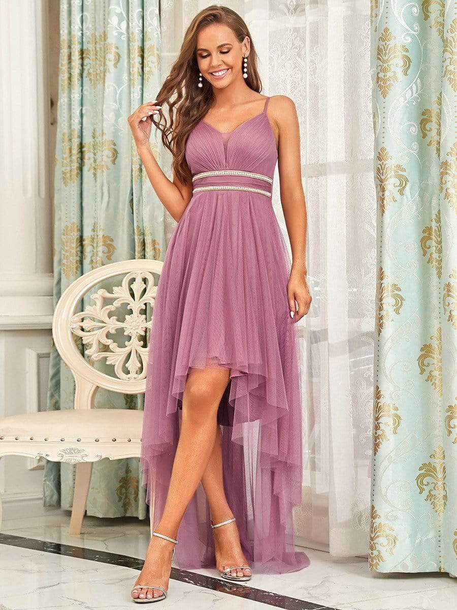 Weitese olive green V-neck high-low pleated tulle prom dress.