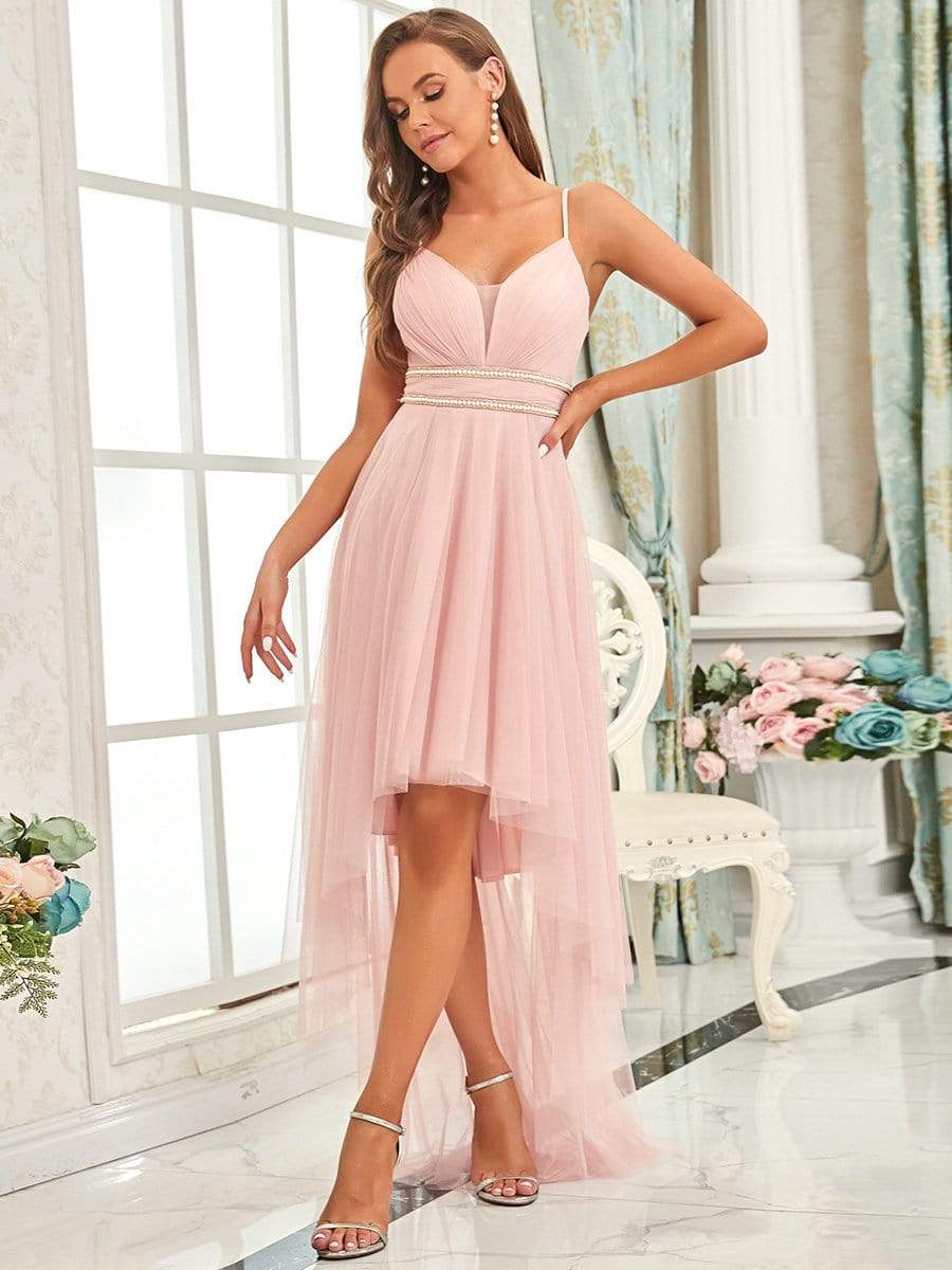 Weitese pink V-neck high-low pleated tulle prom dress.