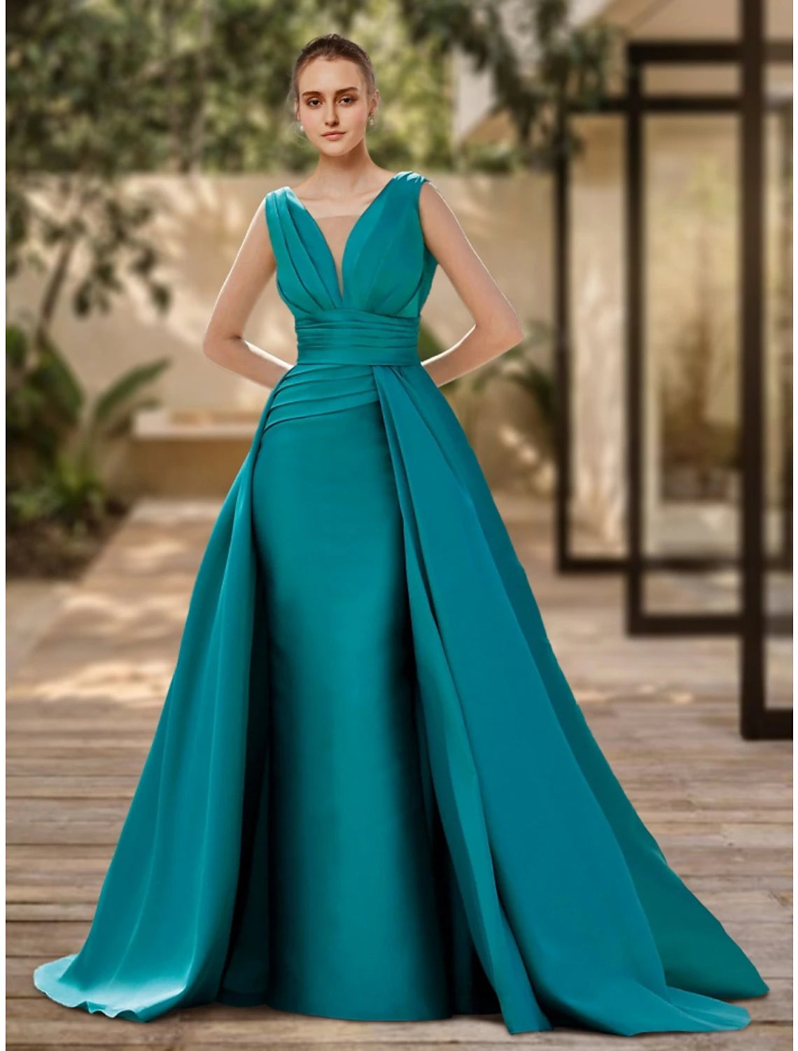 Model wearing a red Weitese A-Line V-Neck sleeveless satin evening gown with ruched details.