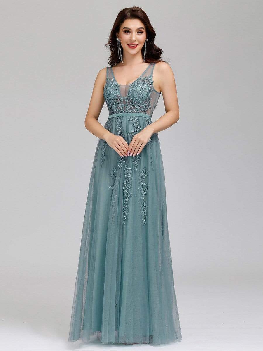 Weitese A-Line V-Neck Tulle Prom Dress in Red.