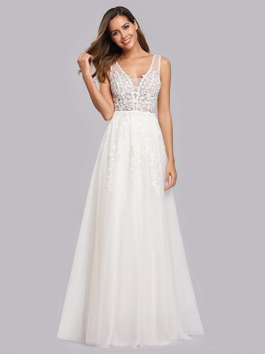 Weitese A-Line V-Neck Tulle Prom Dress in White.