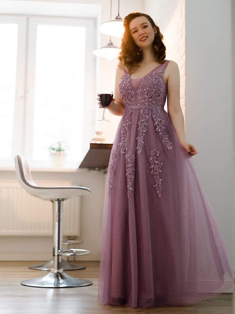 Weitese A-Line V-Neck Tulle Prom Dress in Dark Blue.