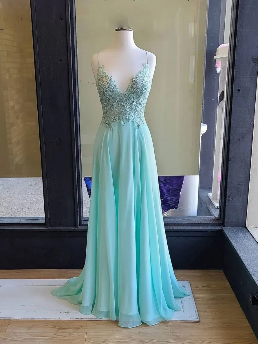 Elegant A-Line V Neck Spaghetti Strap Lace Chiffon Maxi Prom Dress