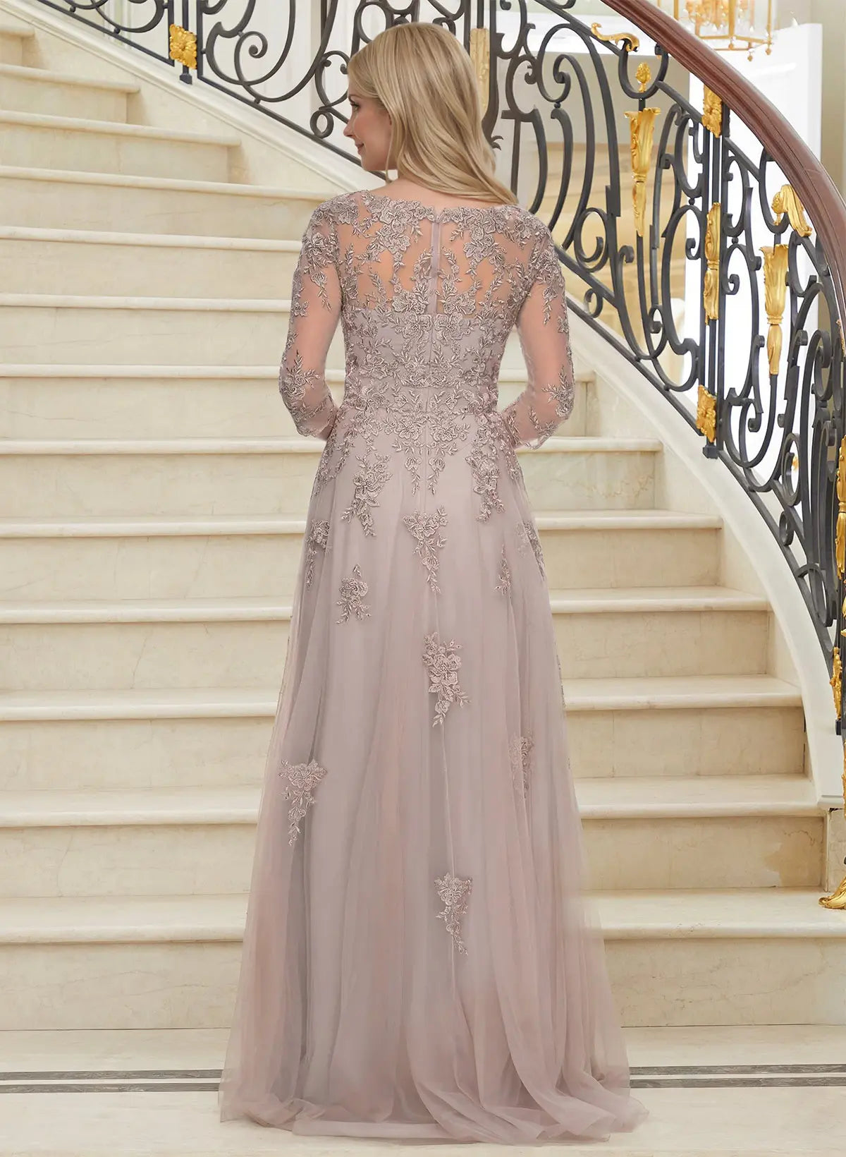 Elegant A-Line V-Neck Three-Quarter Sleeve Dusty Rose Lace & Tulle Mother of the Bride Dress