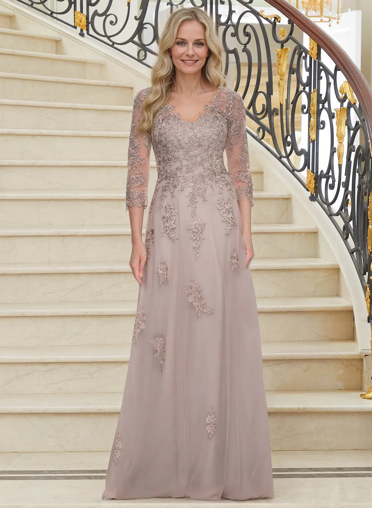 Elegant A-Line V-Neck Three-Quarter Sleeve Dusty Rose Lace & Tulle Mother of the Bride Dress
