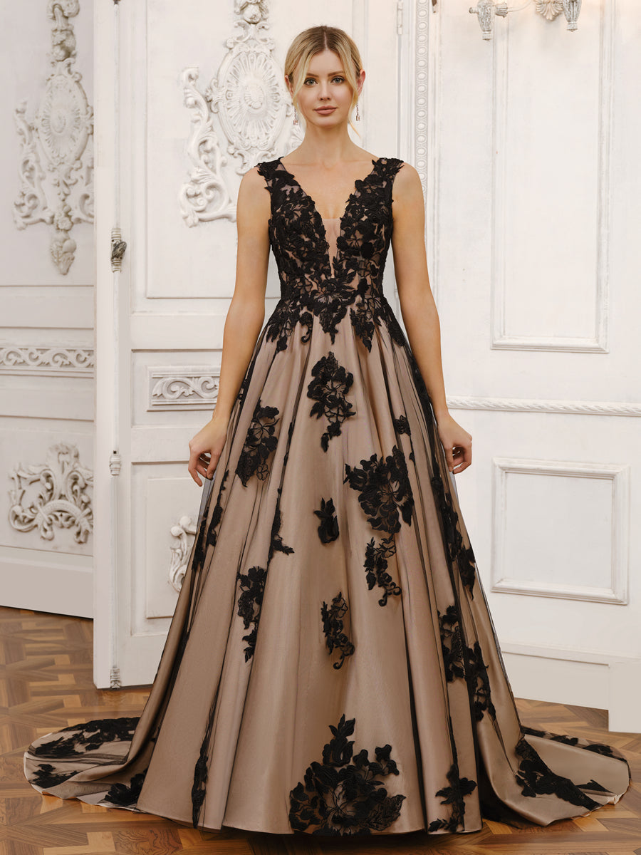 Back view of long tulle wedding gown with V-neck.
