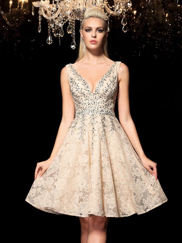 Model wearing an elegant A-line V-neck beaded short lace cocktail dress.