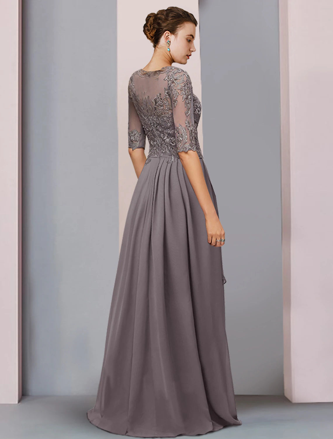 Full length view of the Weitese elegant chiffon lace dress with asymmetrical details.