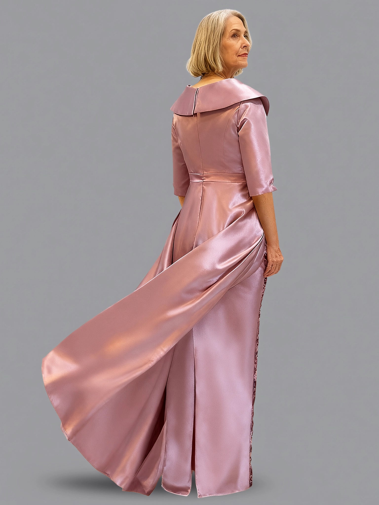 Elegant Ball Gown Half Sleeve Shirt Collar Satin Slit Floor-Length Mother Of The Bride Dress