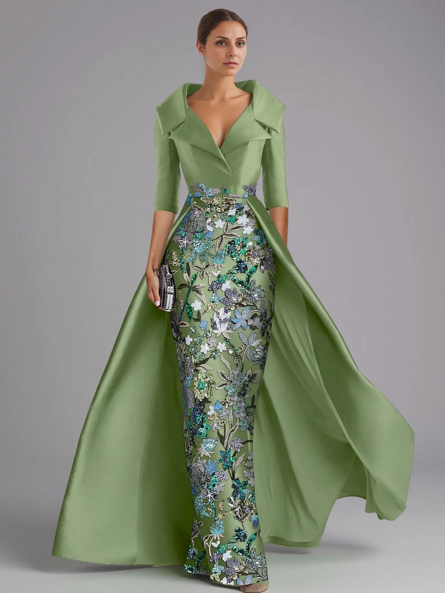 Elegant Ball Gown Half Sleeve Shirt Collar Satin Slit Floor-Length Mother Of The Bride Dress