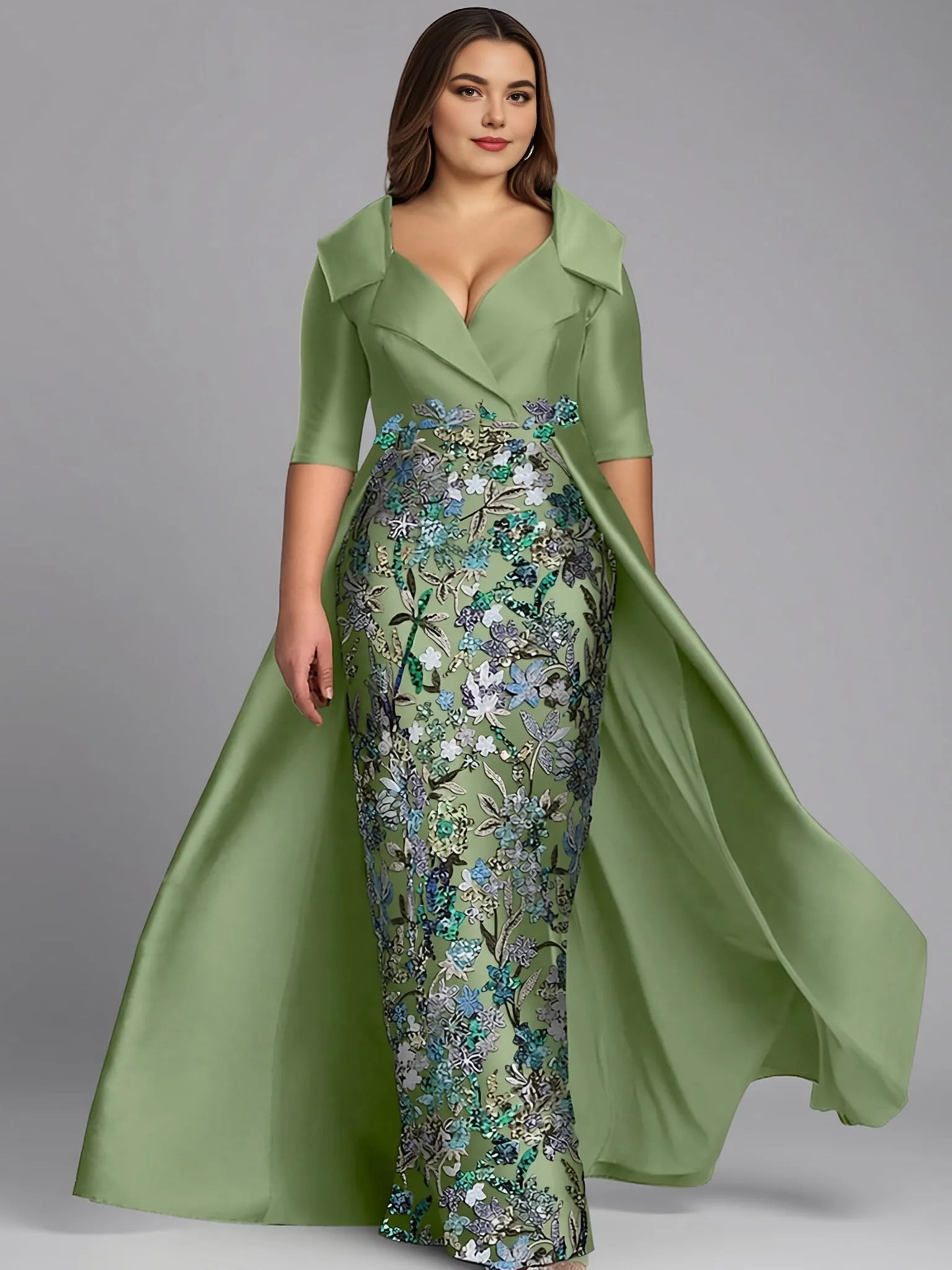 Elegant Ball Gown Half Sleeve Shirt Collar Satin Slit Floor-Length Mother Of The Bride Dress