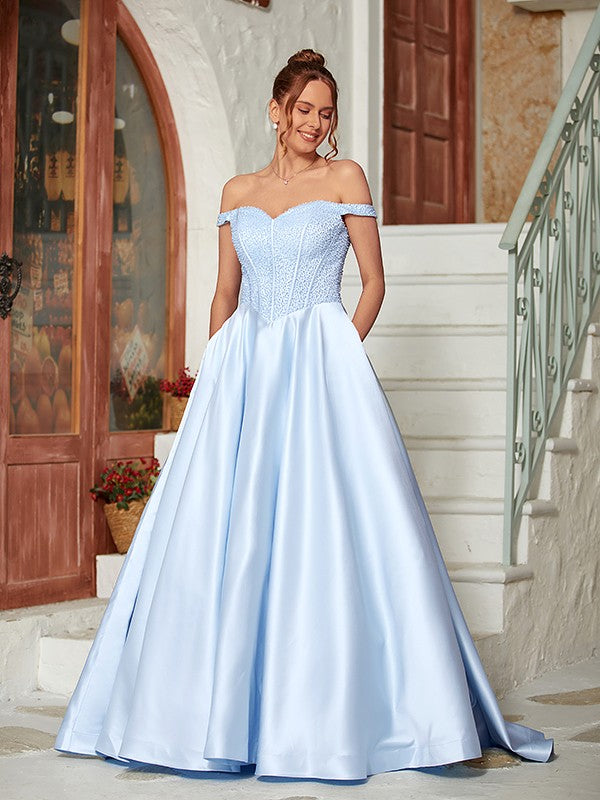 Back view of the light blue off-shoulder satin ball gown, showcasing the sweep train.