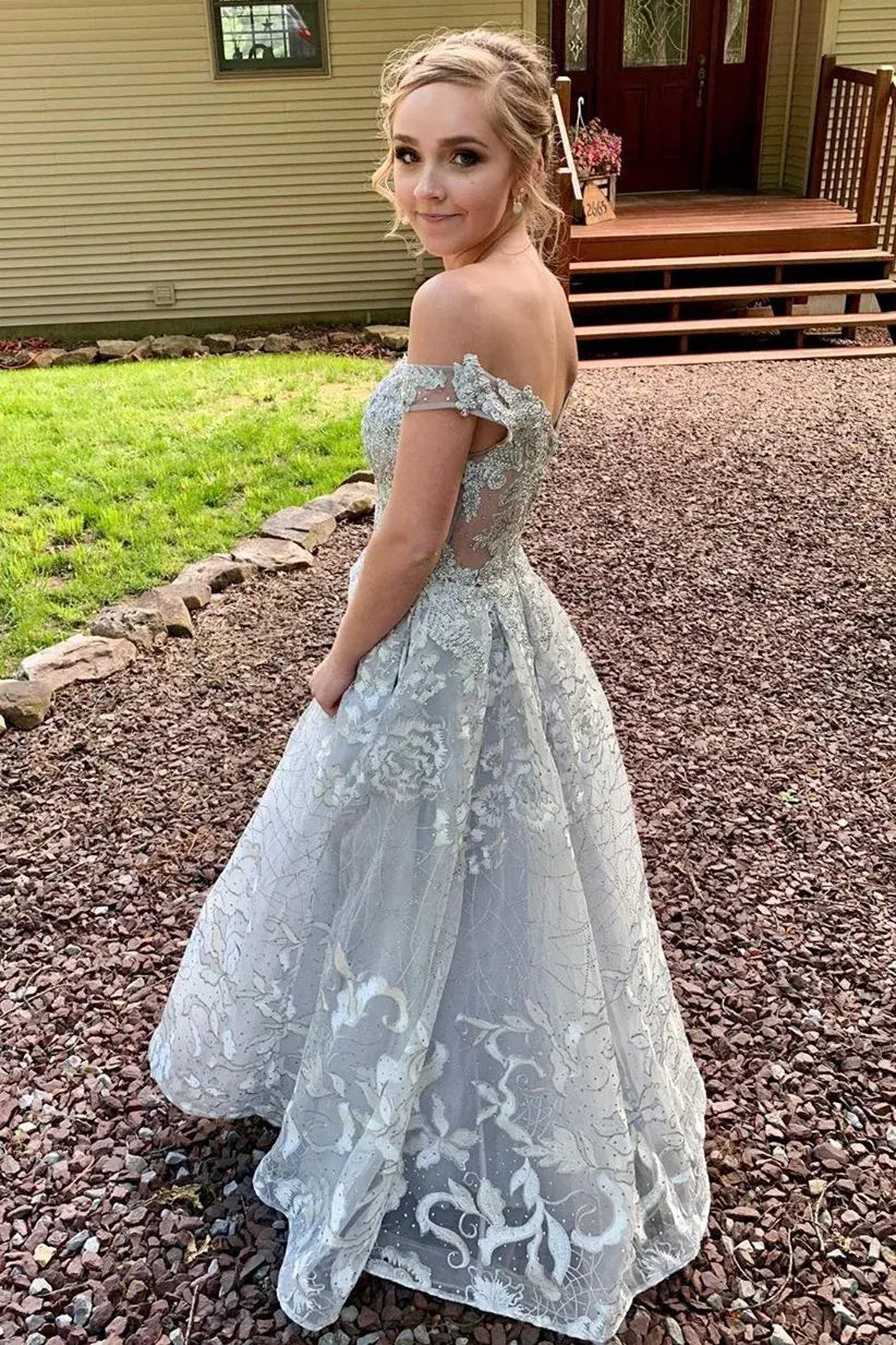 Elegant Ball Gown Off Shoulder Lace Beaded Tulle Prom Dress