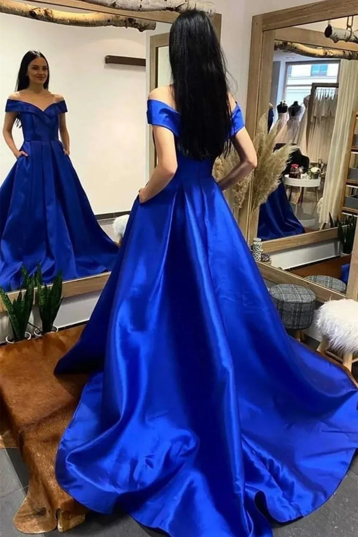 Elegant Ball Gown Off Shoulder Short Sleeve Satin Maxi Prom Dress