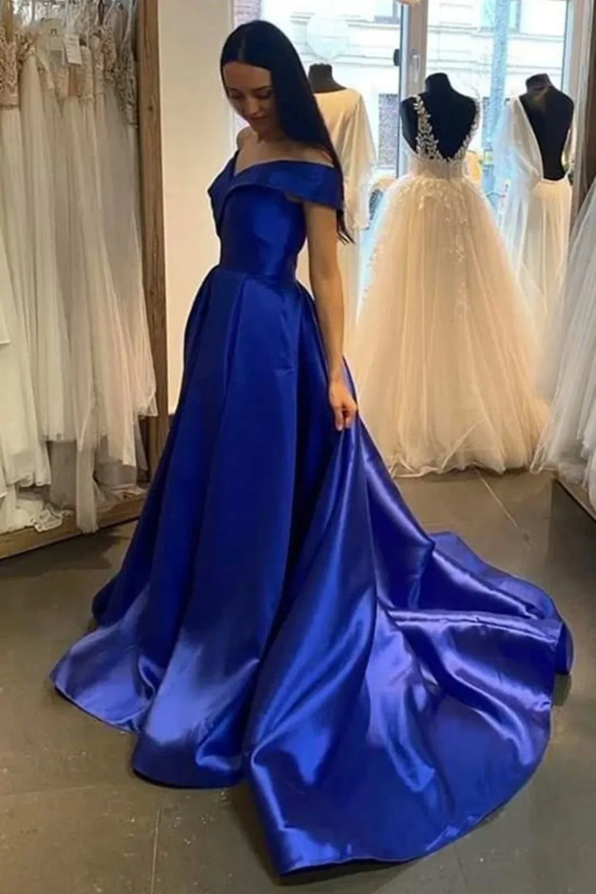 Elegant Ball Gown Off Shoulder Short Sleeve Satin Maxi Prom Dress