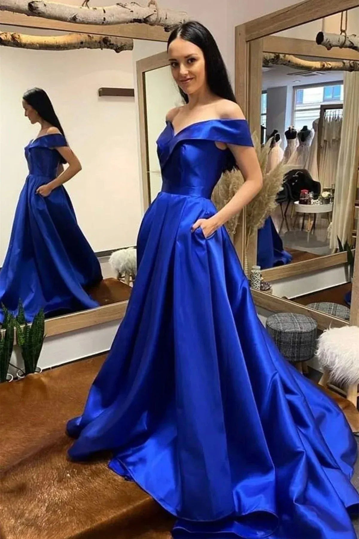 Elegant Ball Gown Off Shoulder Short Sleeve Satin Maxi Prom Dress