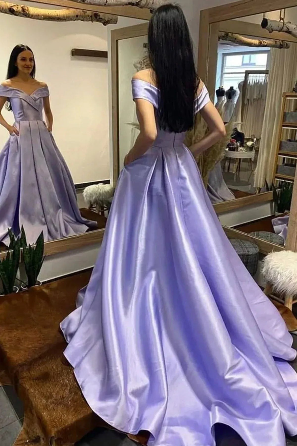 Elegant Ball Gown Off Shoulder Short Sleeve Satin Maxi Prom Dress