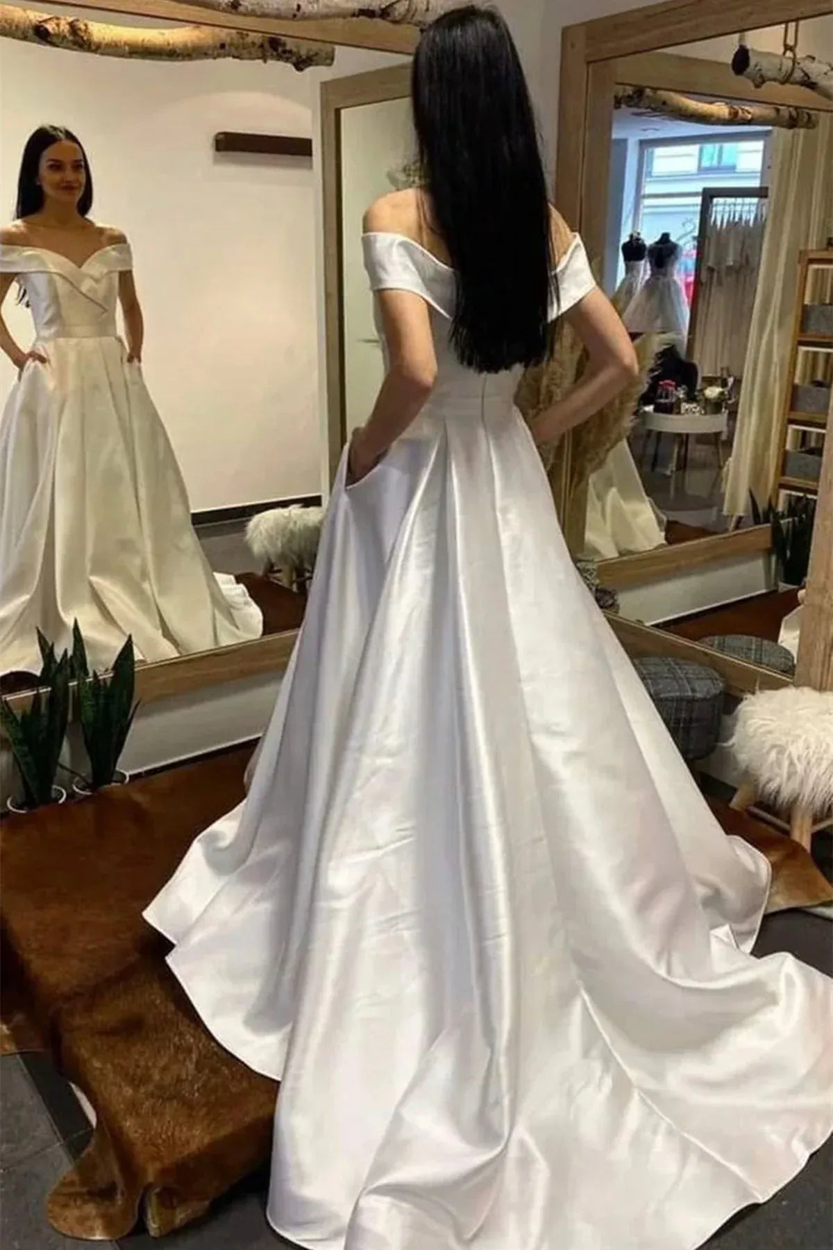 Elegant Ball Gown Off Shoulder Short Sleeve Satin Maxi Prom Dress