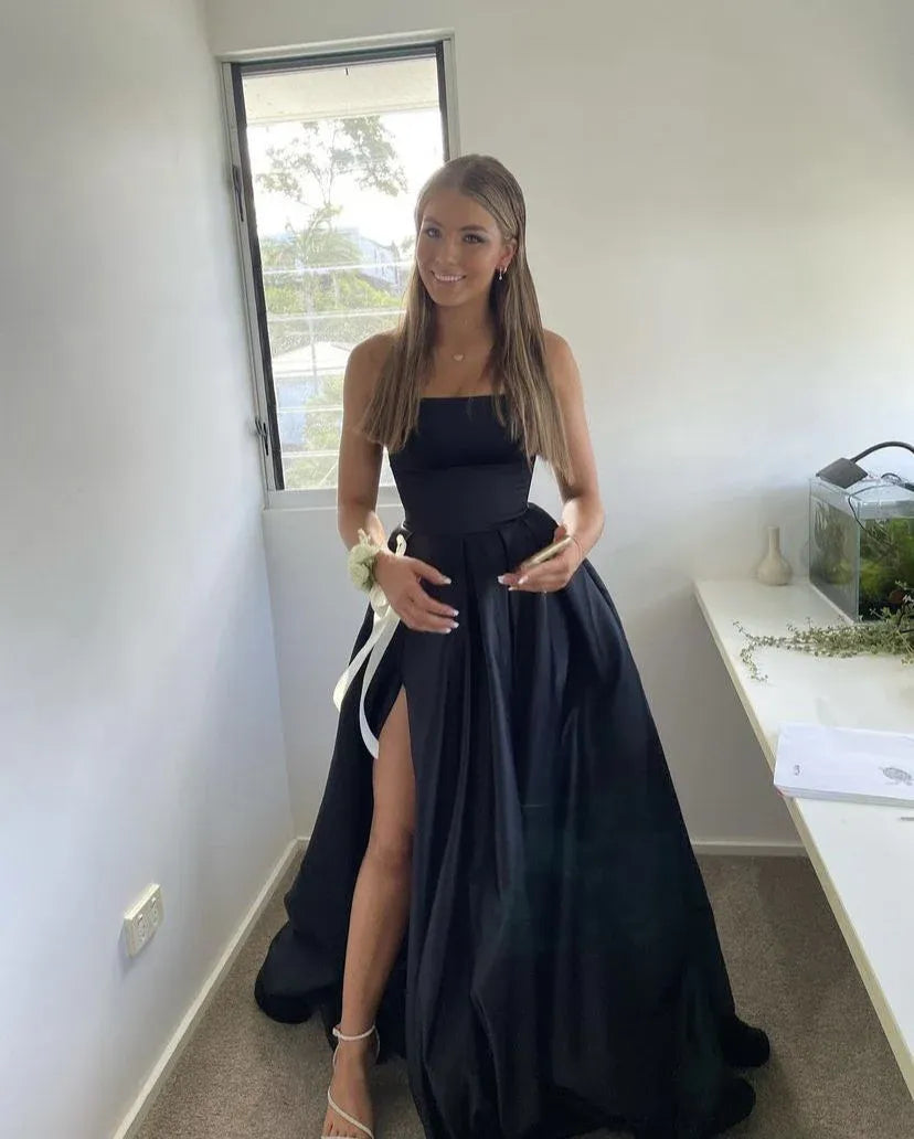 Elegant Ball Gown Square Neck Sleeveless Satin Maxi Prom Dress