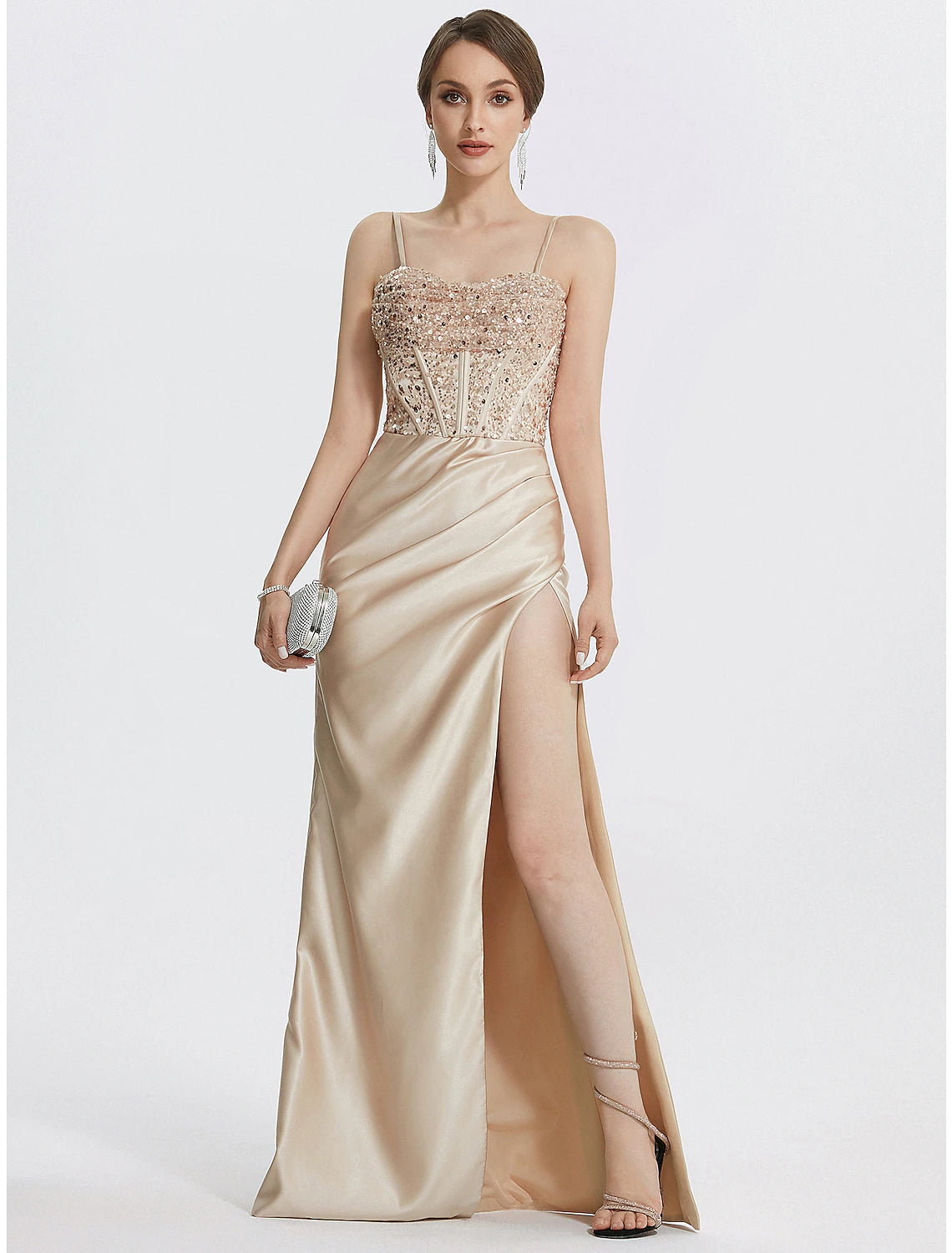 Elegant black sheath column evening gown with feather trim, square neck, 3/4 sleeves, tea length.