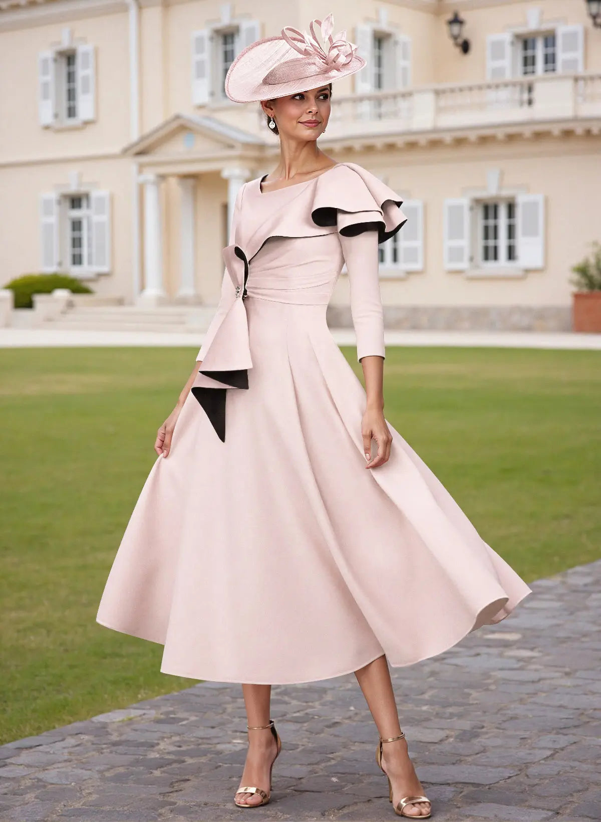 Elegant Blush Pink A-Line Midi Mother of the Bride Dress with Asymmetric Ruffle Detail