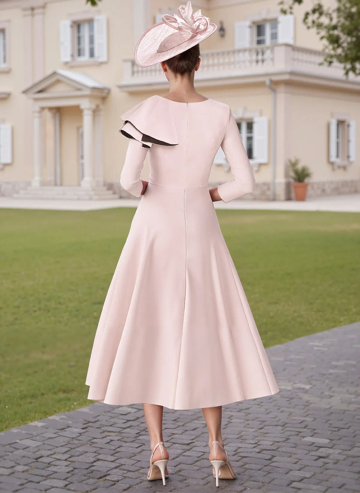 Elegant Blush Pink A-Line Midi Mother of the Bride Dress with Asymmetric Ruffle Detail