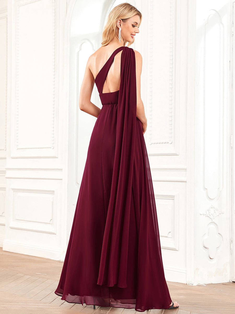 Back view of burgundy pleated chiffon bridesmaid gown.