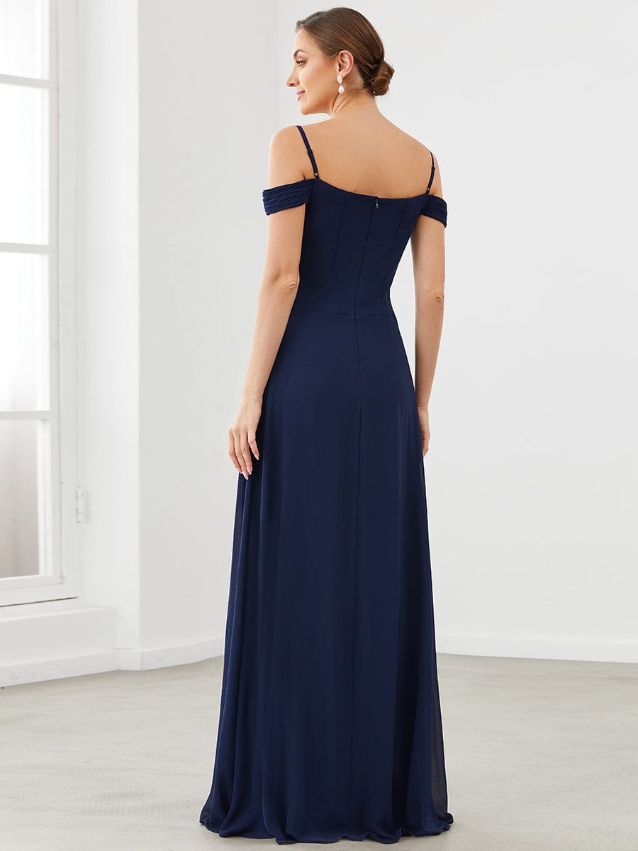Side view of the navy blue A-line V-neck spaghetti strap bridesmaid dress.