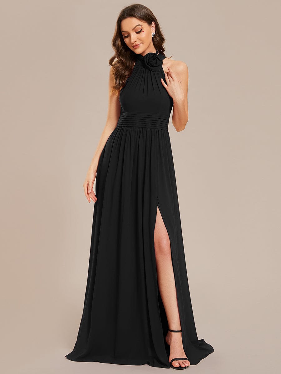 Black Weitese chiffon halter A-line maxi bridesmaid dress, front view.