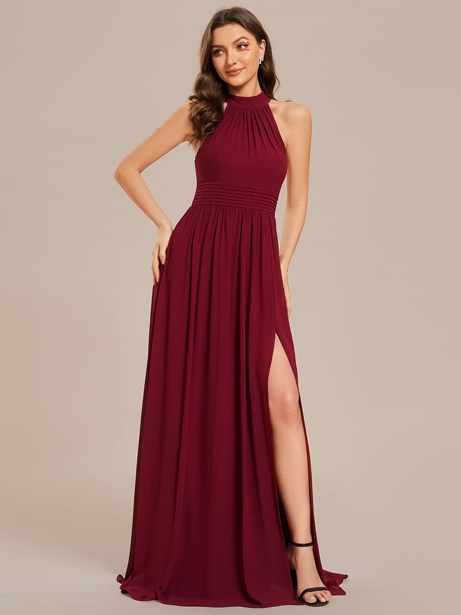 Burgundy Weitese chiffon halter A-line maxi bridesmaid dress.