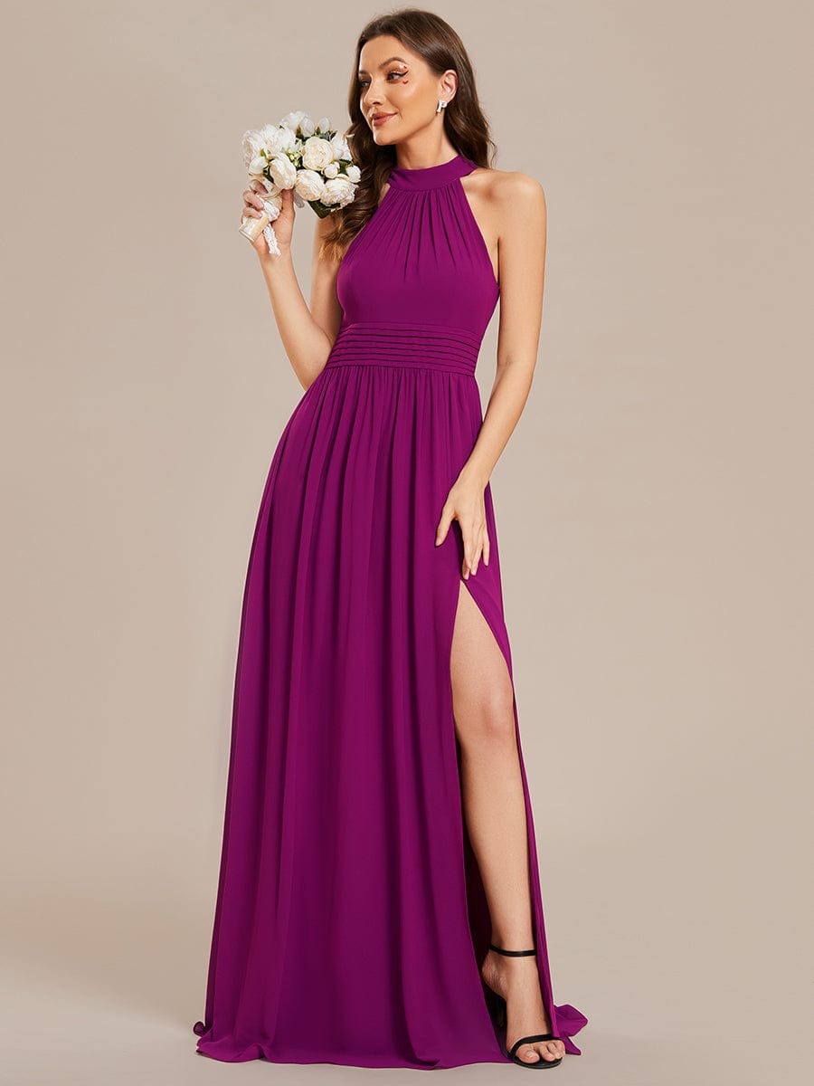 Fuchsia Weitese chiffon halter A-line maxi bridesmaid dress.