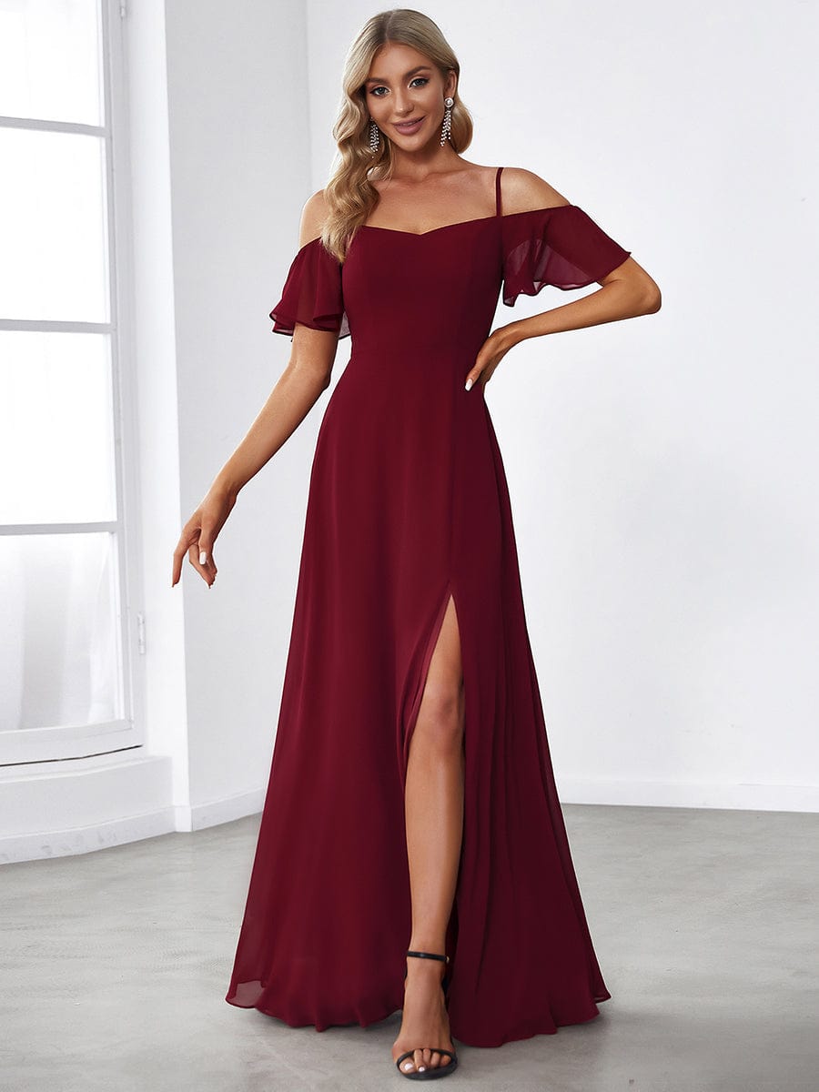 Blue cold shoulder flare sleeve bridesmaid dress.