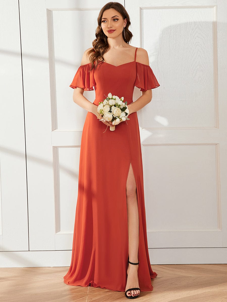 Burgundy cold shoulder flare sleeve bridesmaid dress.