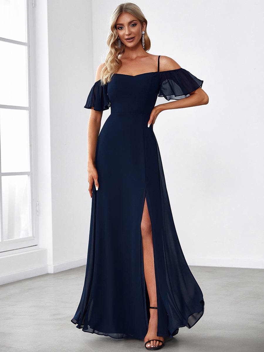 Navy blue cold shoulder flare sleeve bridesmaid dress.