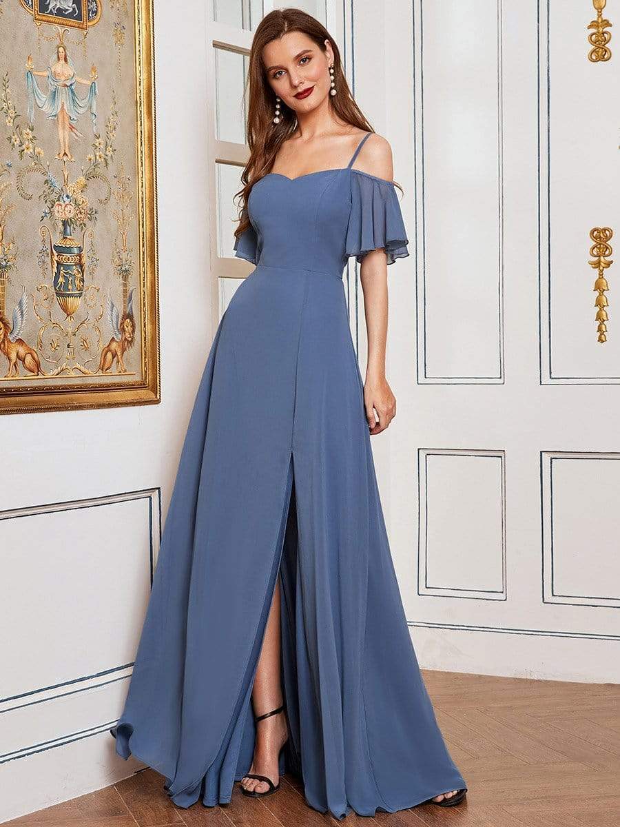 Dark blue cold shoulder flare sleeve bridesmaid dress.