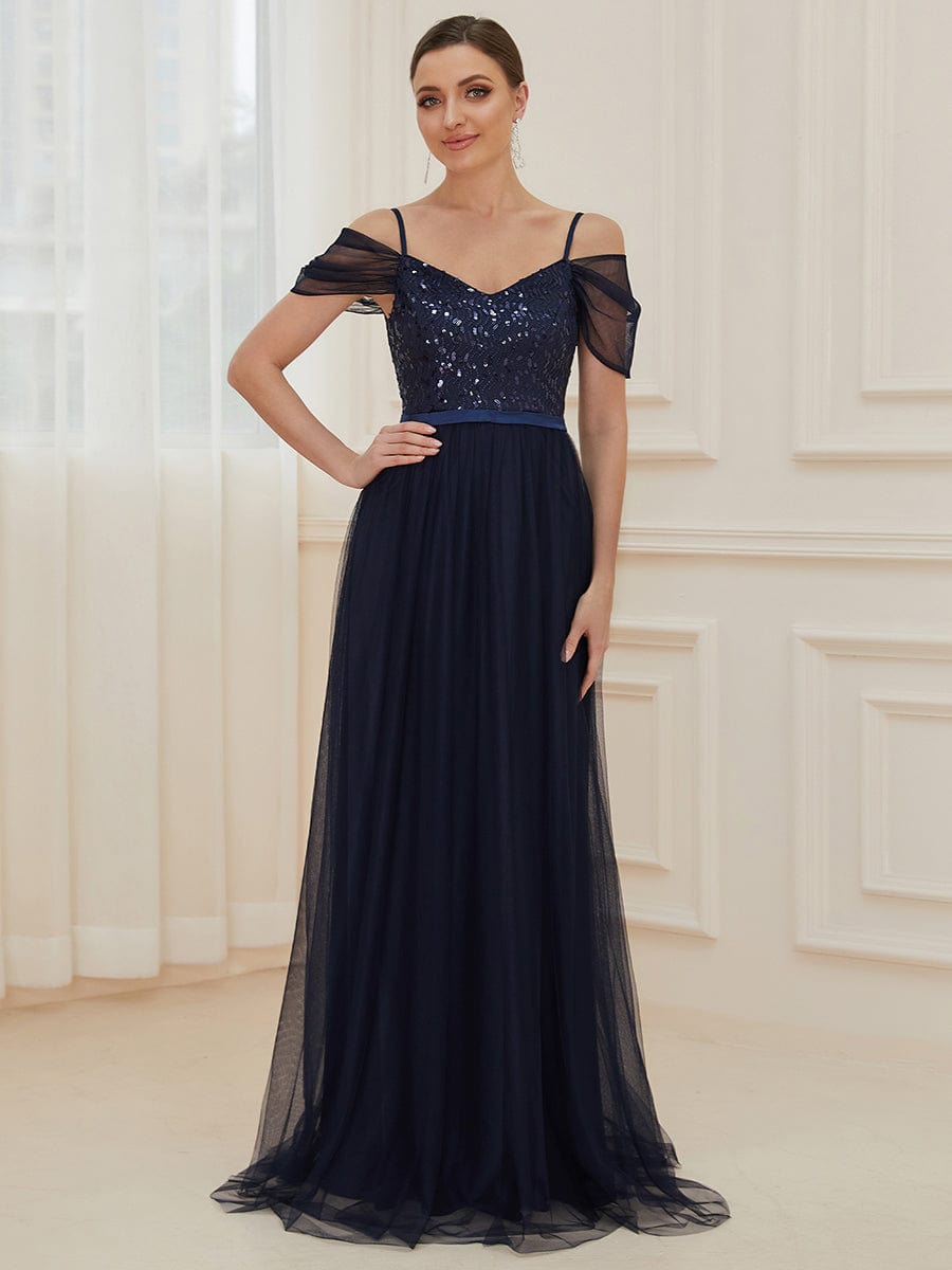 Navy blue cold shoulder sequin bodice long tulle bridesmaid dress.