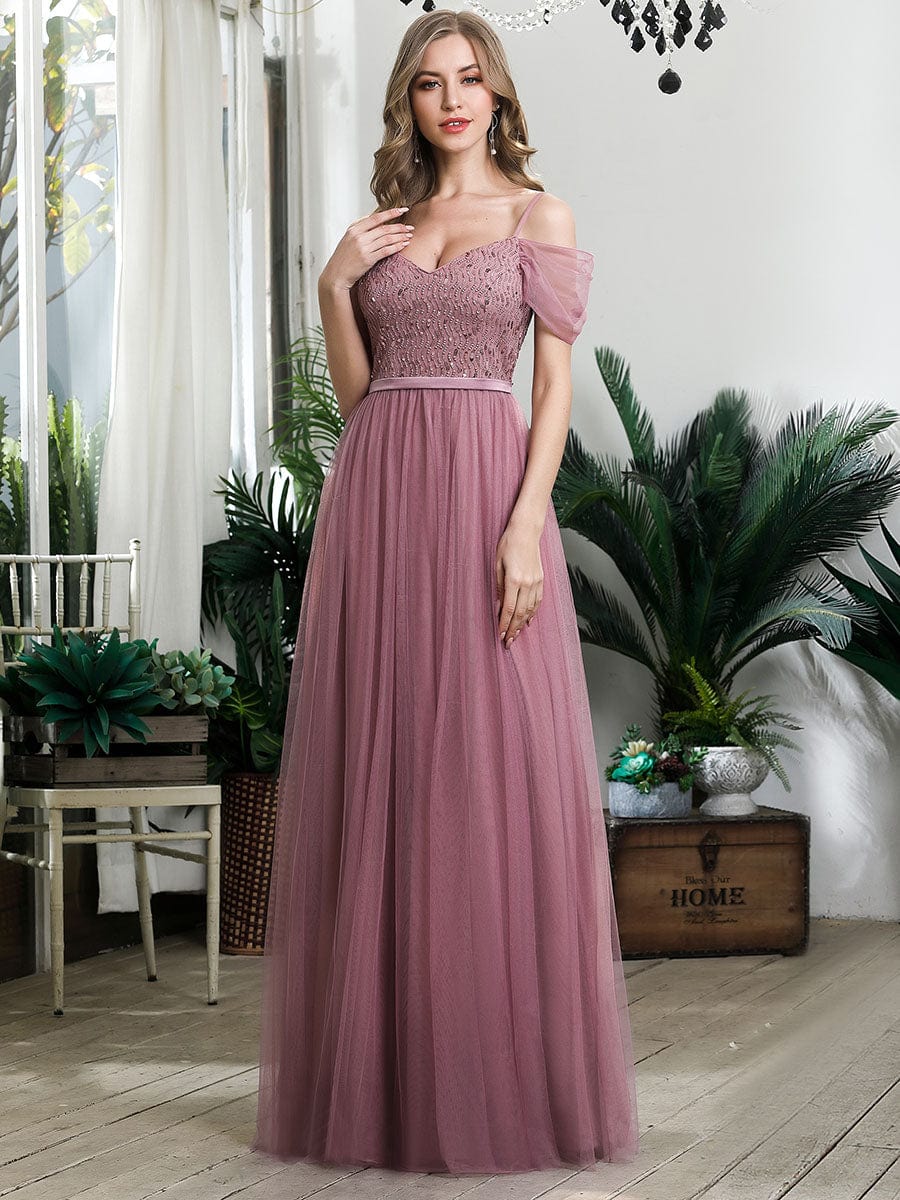 Olive green cold shoulder sequin bodice long tulle bridesmaid dress.
